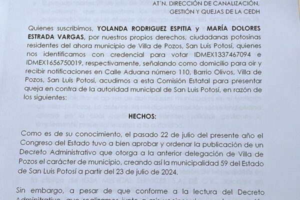 Pobladores de Villa de Pozos acuden a la justicia para que Galindo haga su trabajo